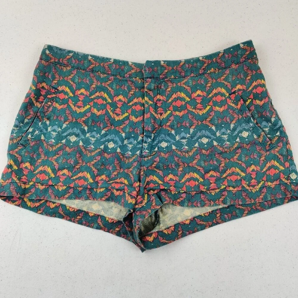 FREE PEOPLE Shorts Size 6 Western Aztec Lightweight Blue Orange Linen Spandex